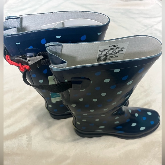 NWT: Western Chief Adult Rain Boots- Raindrop Dot Blue, Adjustable Strap, Size 9 - Picture 2 of 16